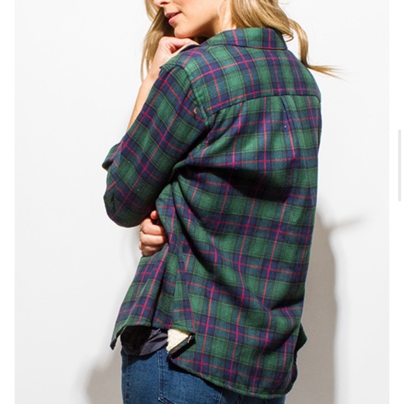 Plaid Fleece Lined Button Down Navy & Green - Picture 5 of 8